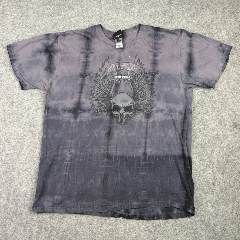Y2K Harley Davidson T-Shirt Mens XL Grey Tie Dye Skull Graphic Mile High Denver